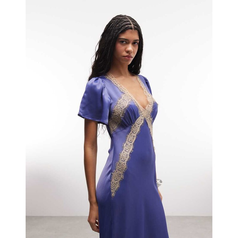 Reclaimed Vintage midi tea dress in blue with lace inserts 115555054