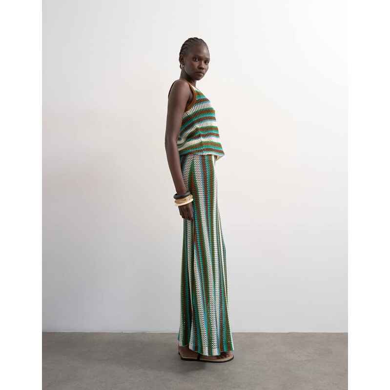 Topshop knitted multi stripe co-ord maxi skirt in blue and brown
