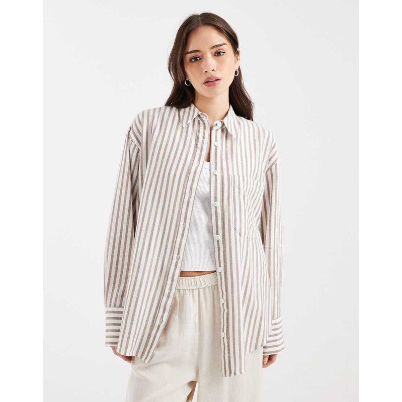 ASOS DESIGN oversized shirt with linen in brown stripe