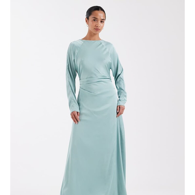 TFNC Petite Bridesmaids long sleeve satin maxi dress in aqua
