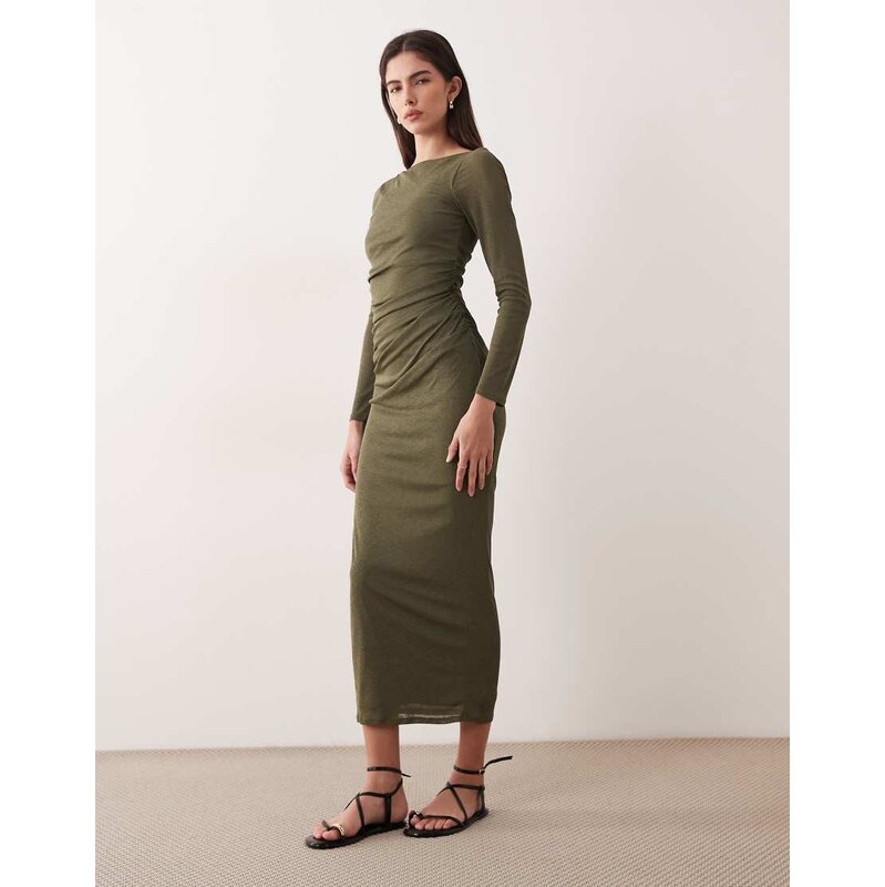ASOS DESIGN mesh midi dress in khaki-Green