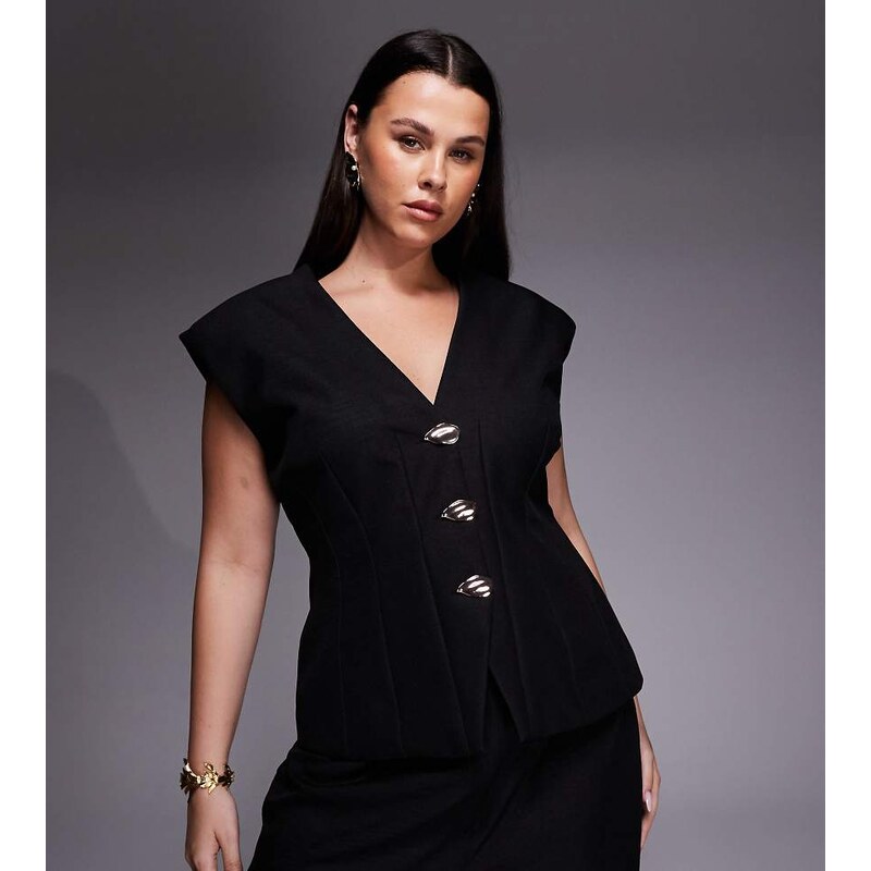 ASOS LUXE Curve co-ord cinched waistcoat with linen in black 113638463