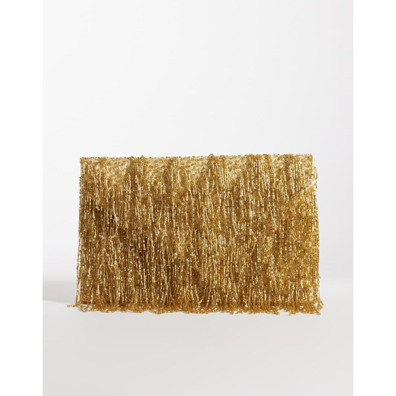 True Decadence bead fringe envelope clutch bag in gold 113638546