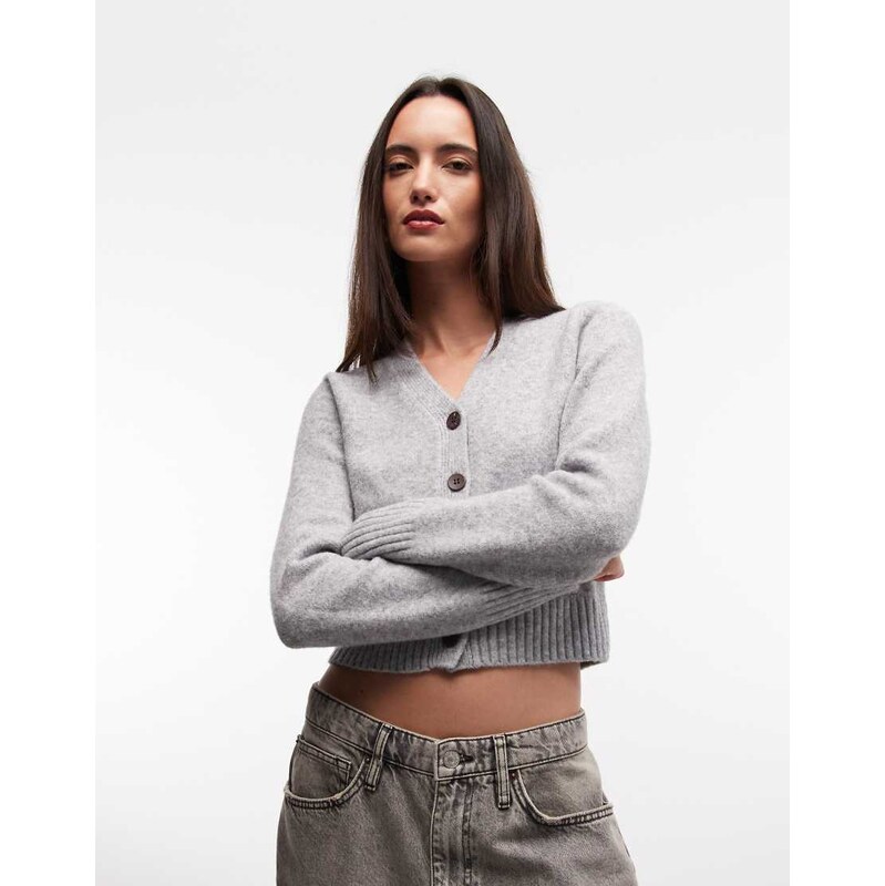 Monki cropped knitted cardigan with pockets in grey melange 115521046