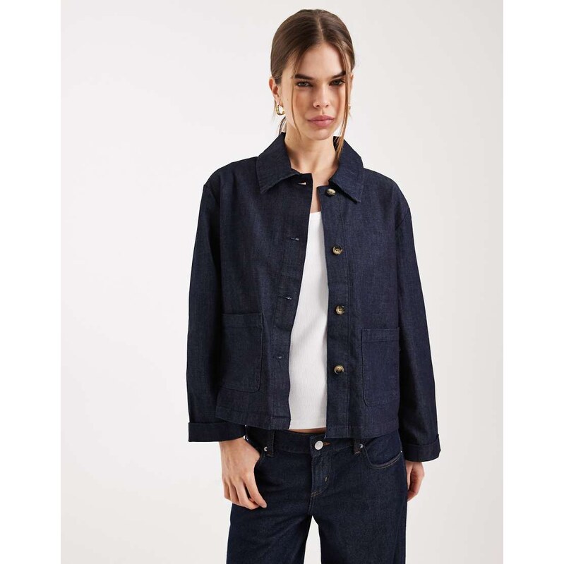 ONLY pocket detail boxy denim jacket in dark blue