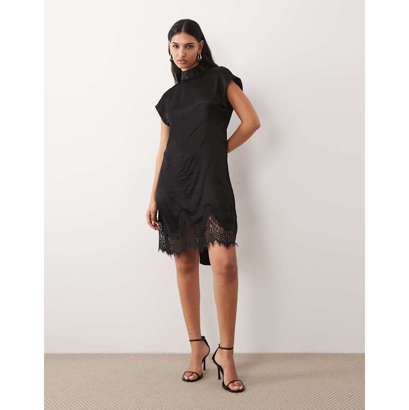 ASOS DESIGN satin scarf detail lace hem mini dress in black