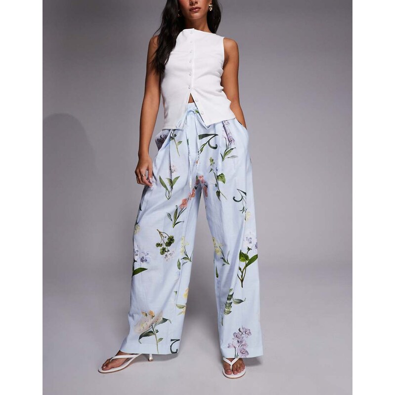River Island linen floral wide leg trousers in light blue 113638665