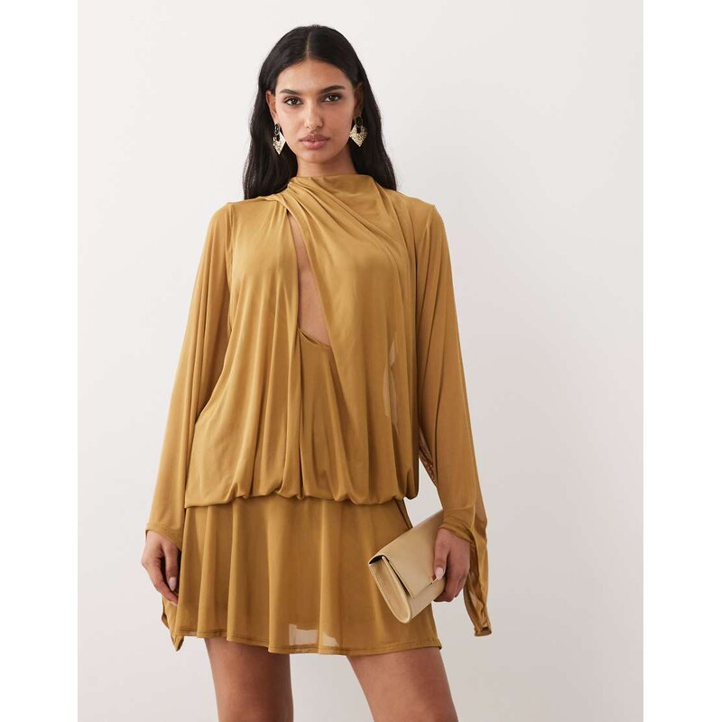 ASOS DESIGN draped slash front mini dress with blouson sleeves