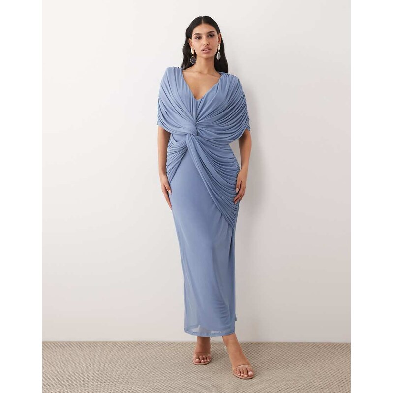 ASOS DESIGN twist plunge cape maxi dress in blue