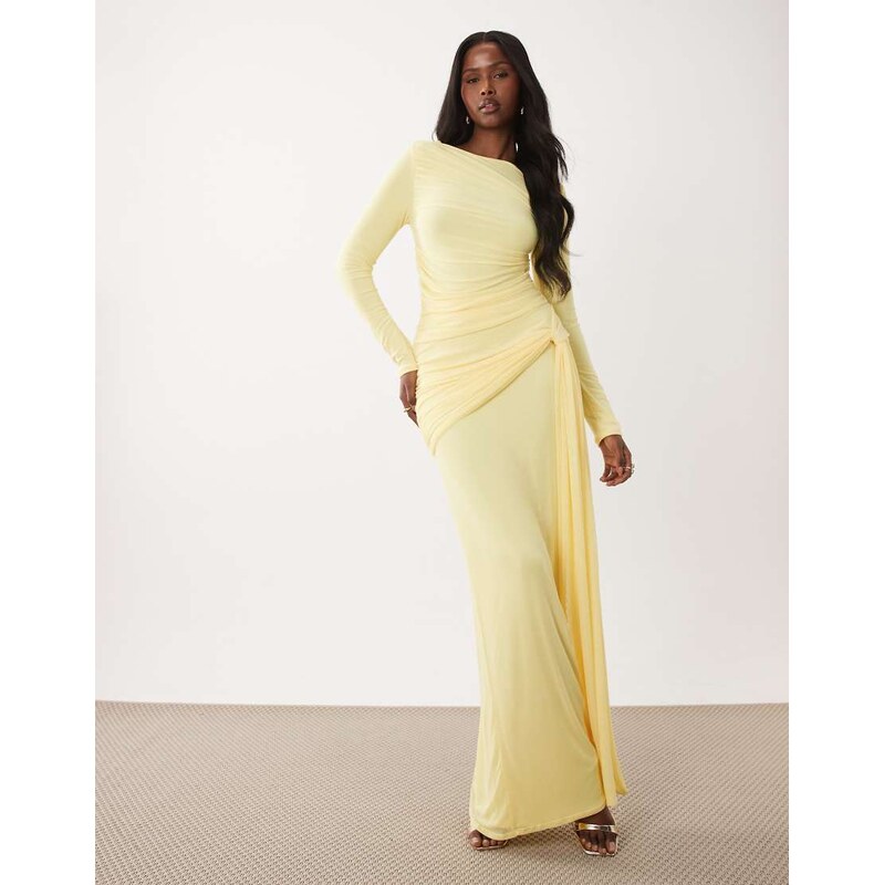 ASOS DESIGN mesh long sleeve maxi dress in lemon-Yellow
