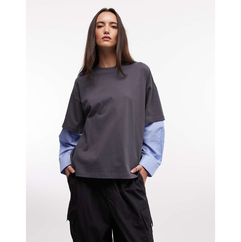COLLUSION 2 in 1 oversized jersey t-shirt with stripe shirt sleeve in 113638713