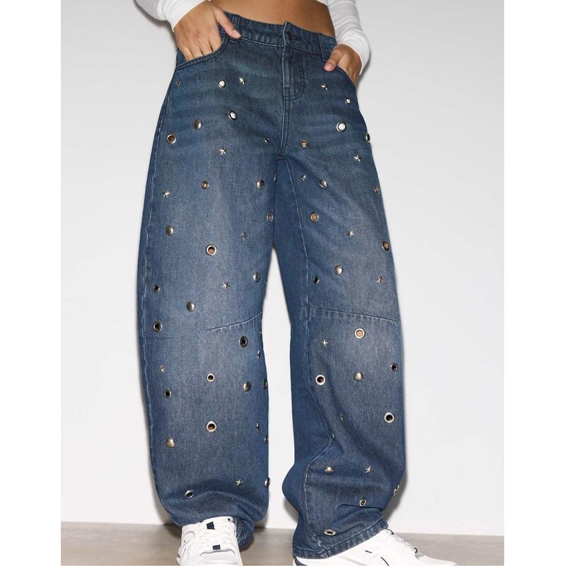 Stradivarius Baggy jeans with eyelets in black denim washed