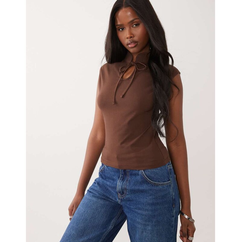 ASOS DESIGN mandarin collar tie neck cap sleeve top in brown
