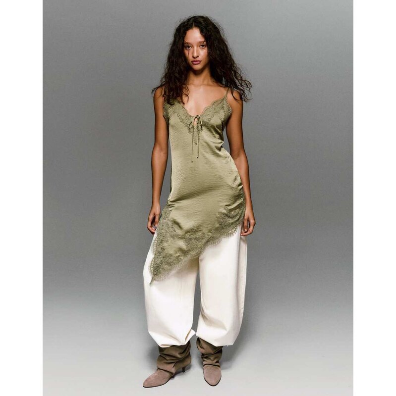 Bershka Asymmetric sateen mini dress in khaki-Green