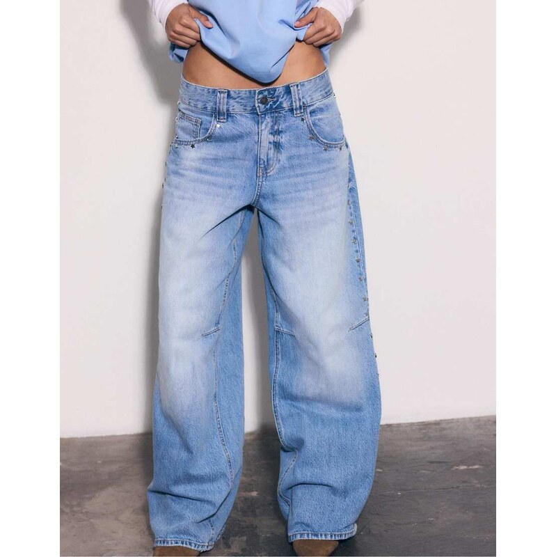 Stradivarius Super baggy jeans with side stars in medium light