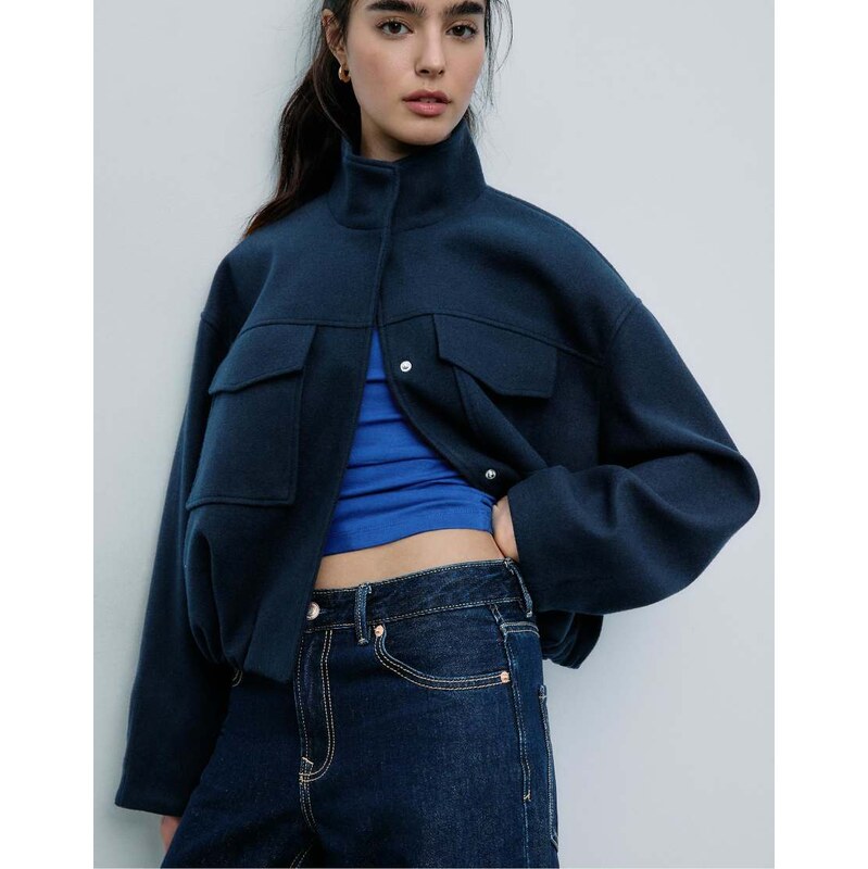 Stradivarius Soft-touch bomber jacket with pockets in dark blue