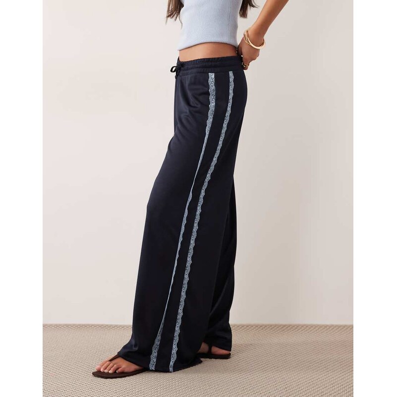 ASOS DESIGN wide leg lace detail tricot jogger in navy