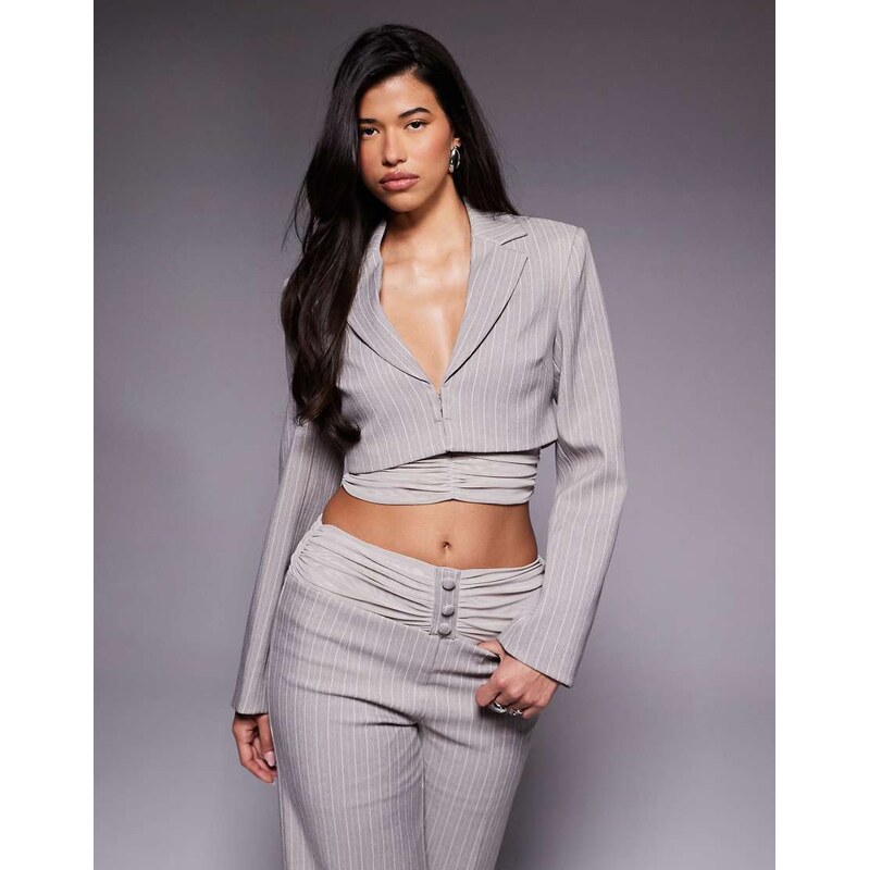 ASOS LUXE co-ord mesh detail cropped blazer in grey pinstripe-Multi 113734588