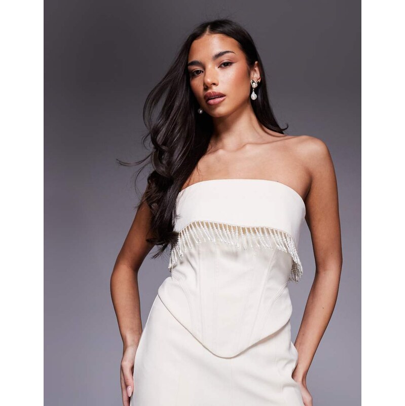 ASOS LUXE co-ord pearl trim sculpted linen corset top in cream