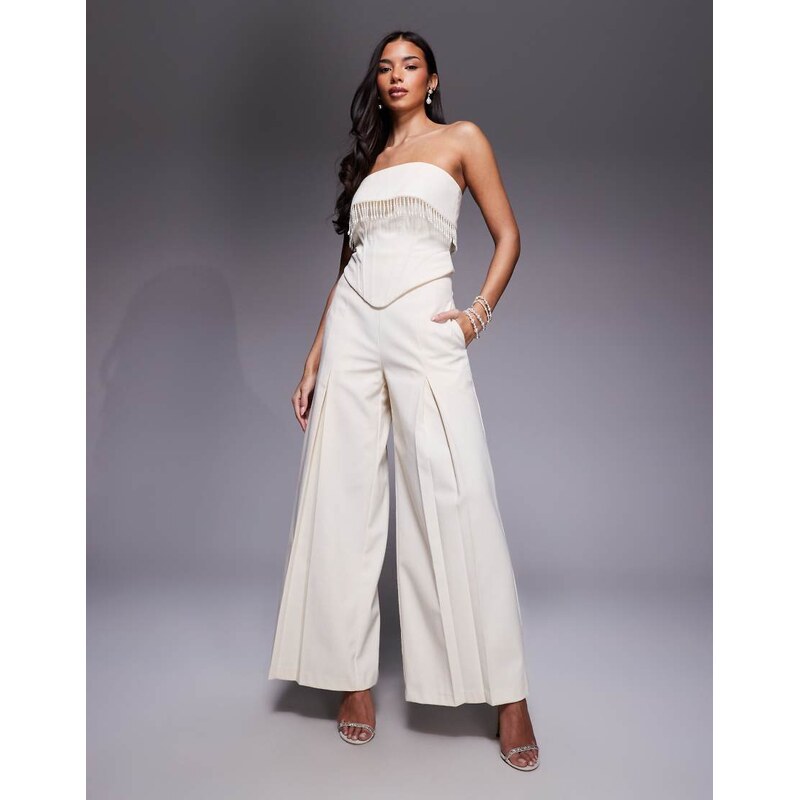 ASOS LUXE co-ord wide leg pleated linen trousers in cream-White 114120867