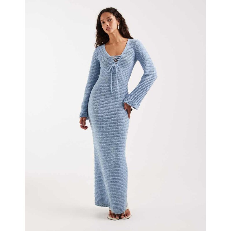4th & Reckless ribbed knit tie front flute sleeve maxi dress in blue 113664172