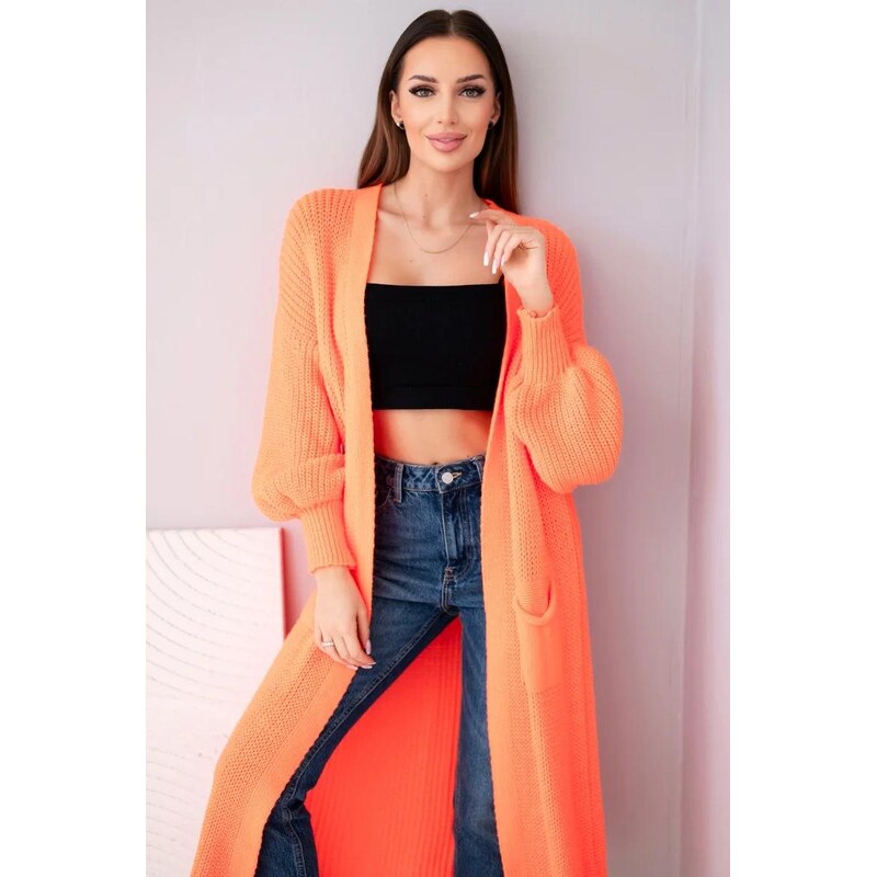 MladaModa Dlouhý kardiganový svetr model IT-8 neonově oranžový 107997559