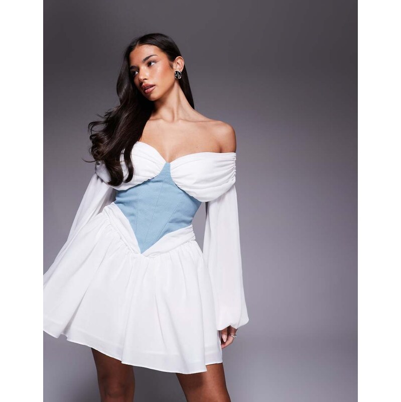 ASOS LUXE off shoulder mini dress with corset waist detail in blue 113642862