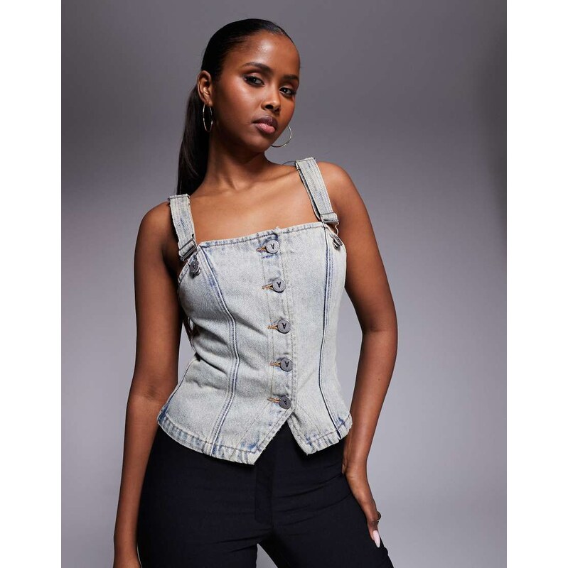 Abrand Jeans denim halter neck buttoned waistcoat co-ord in blue 113642907