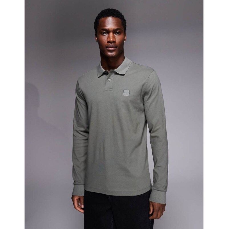 BOSS Orange passerby tonal logo long sleeve pique polo in mid