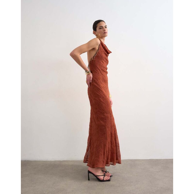 Topshop broderie occasion maxi dress with beaded trim in rust