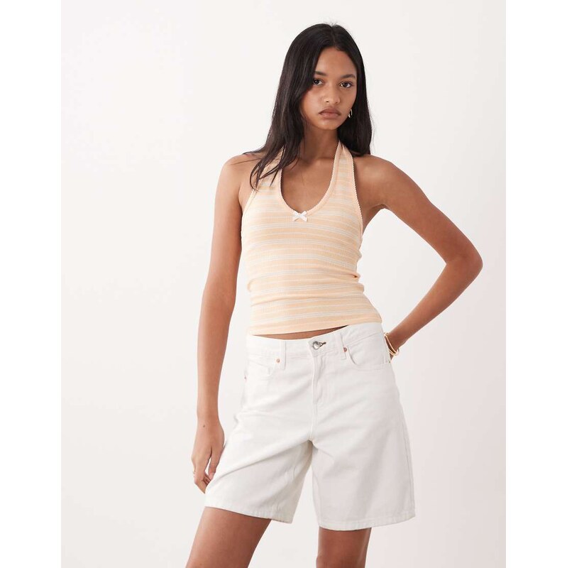 Miss Selfridge stripe halterneck top with picot trim detail-Multi 113642865