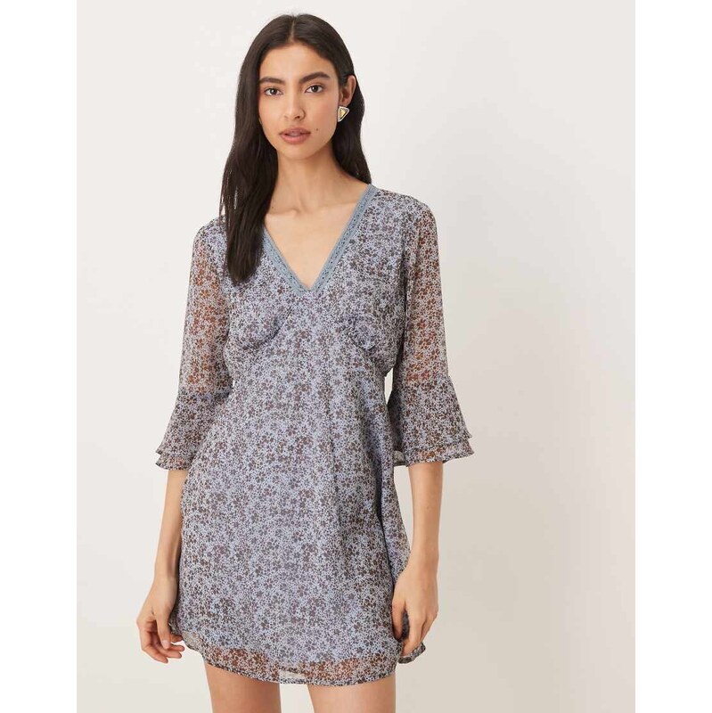 Wednesdays Girl v neck floaty sleeve mini dress in blue purple
