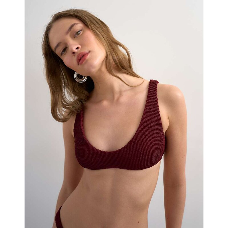 Topshop Tara crinkle scoop bikini top in aubergine-Red