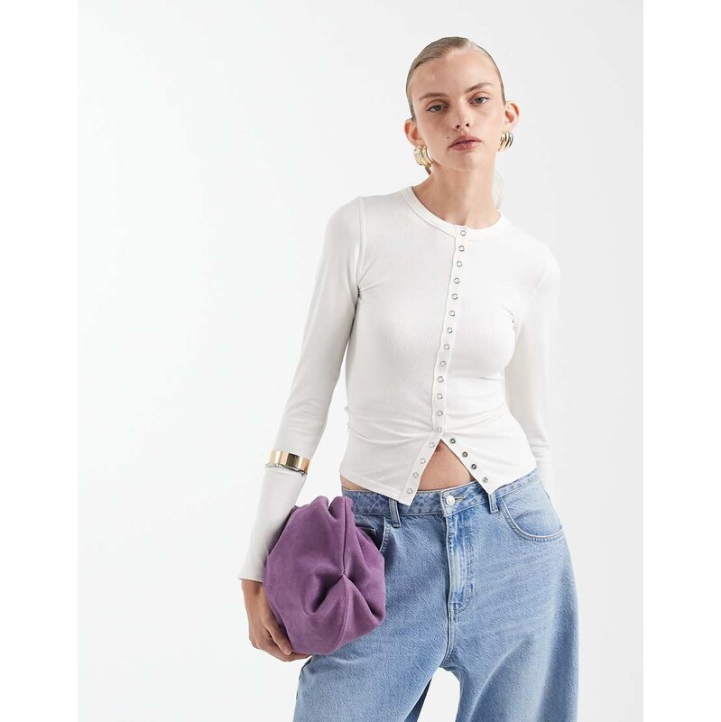 ASOS DESIGN seamless rib popper detail long sleeve top in cream