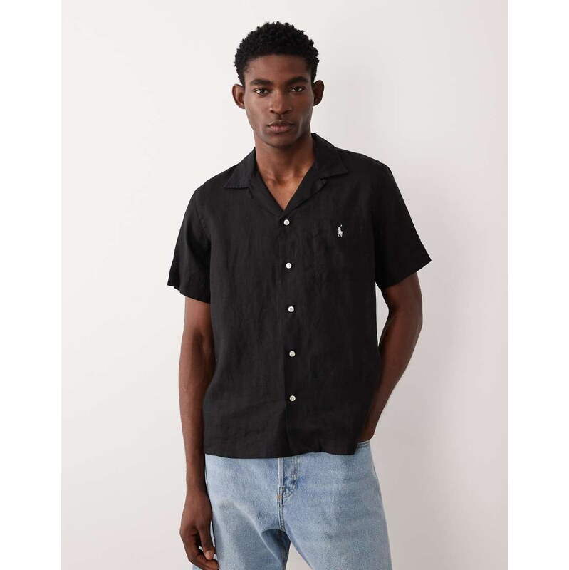 Polo Ralph Lauren icon logo short sleeve linen shirt in black