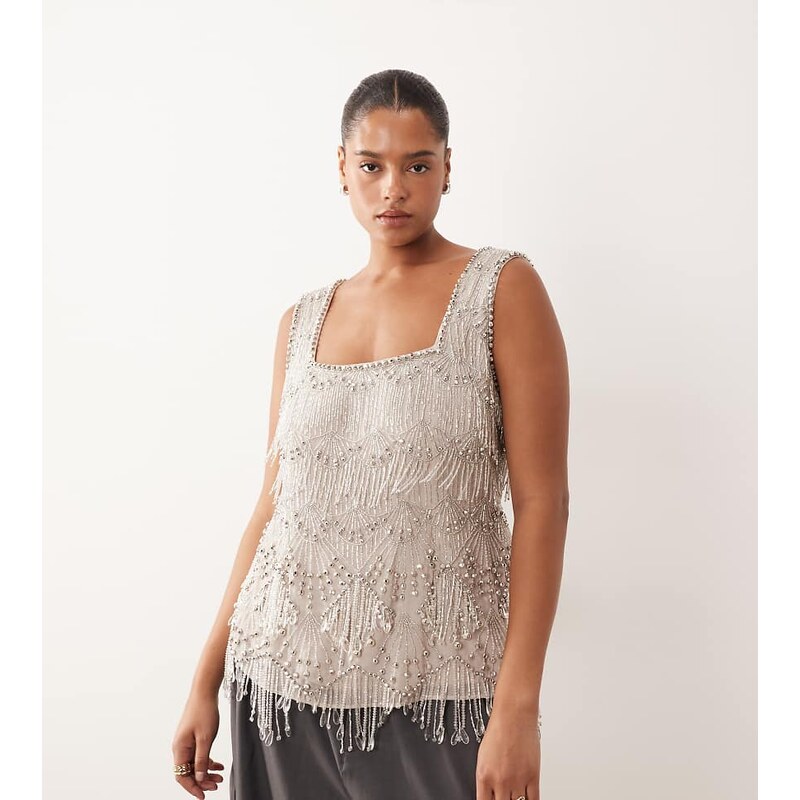 ARRANGE Curve scallop beaded fringe square neck top in silver 113650086