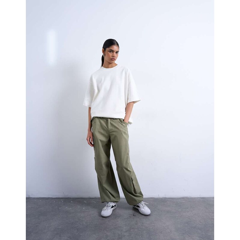 Topshop ripstop cargo trouser with drawcord hem in khaki-Green