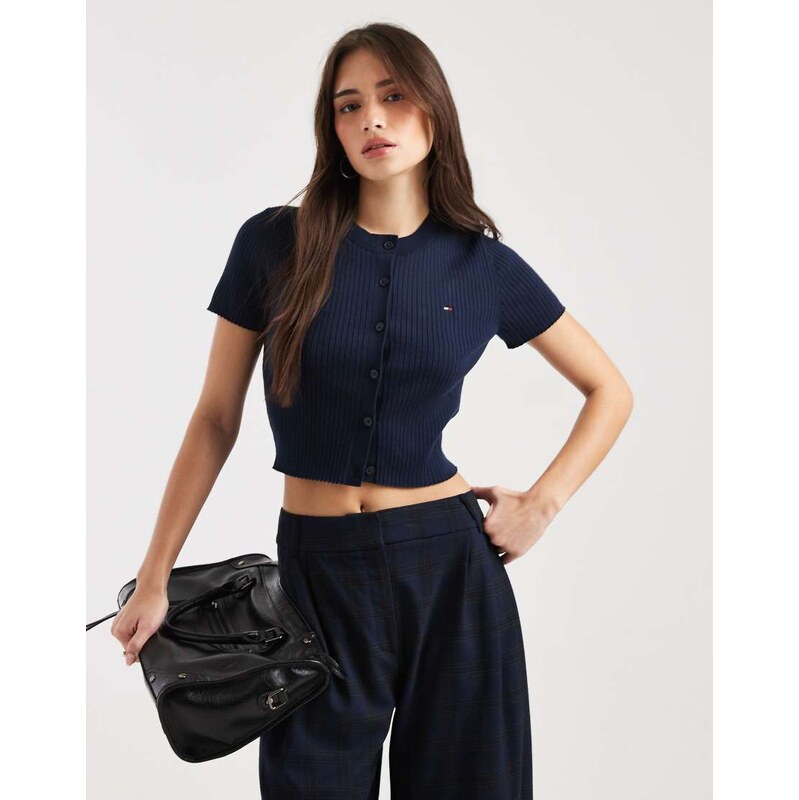 Tommy Jeans essential rib short sleeve cardigan in navy 115440992