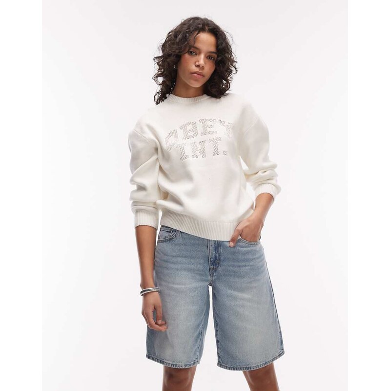 Obey league logo crew neck sweatshirt in cream-Neutral 113643067