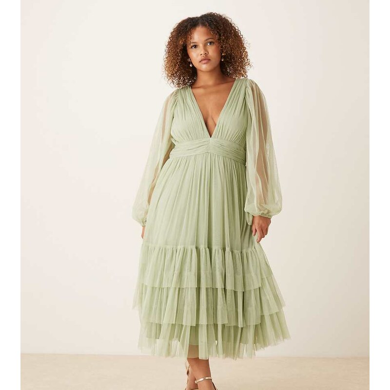 Lace & Beads Plus Bridesmaid Madison long sleeve midi dress in
