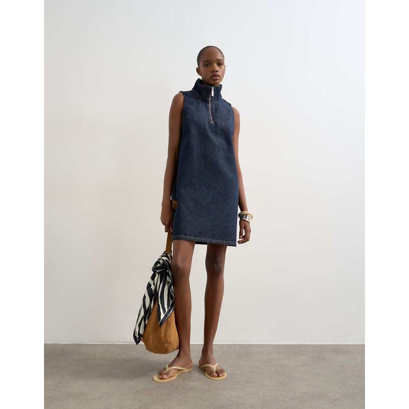 Topshop denim funnel neck pinny dress blue rinse