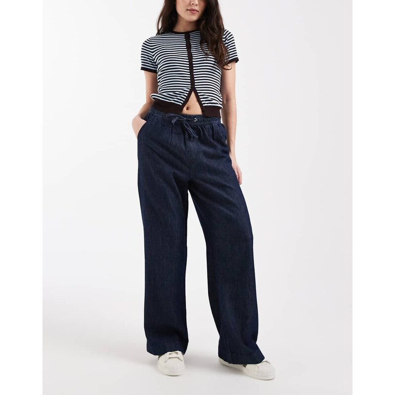 New Look wide leg chambray denim trousers in navy