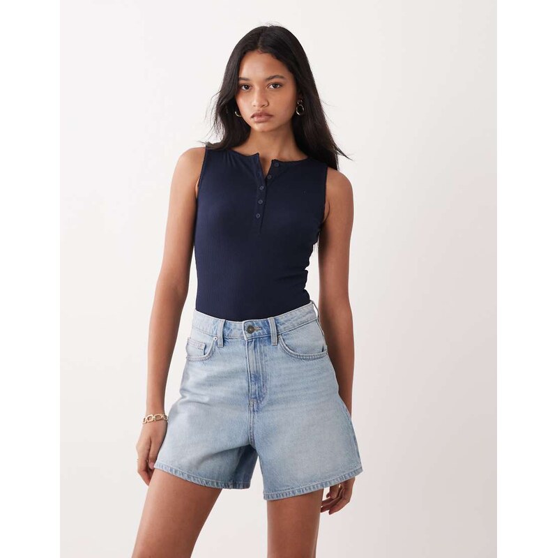 Miss Selfridge button through sleeveless bodysuit in navy 113650142