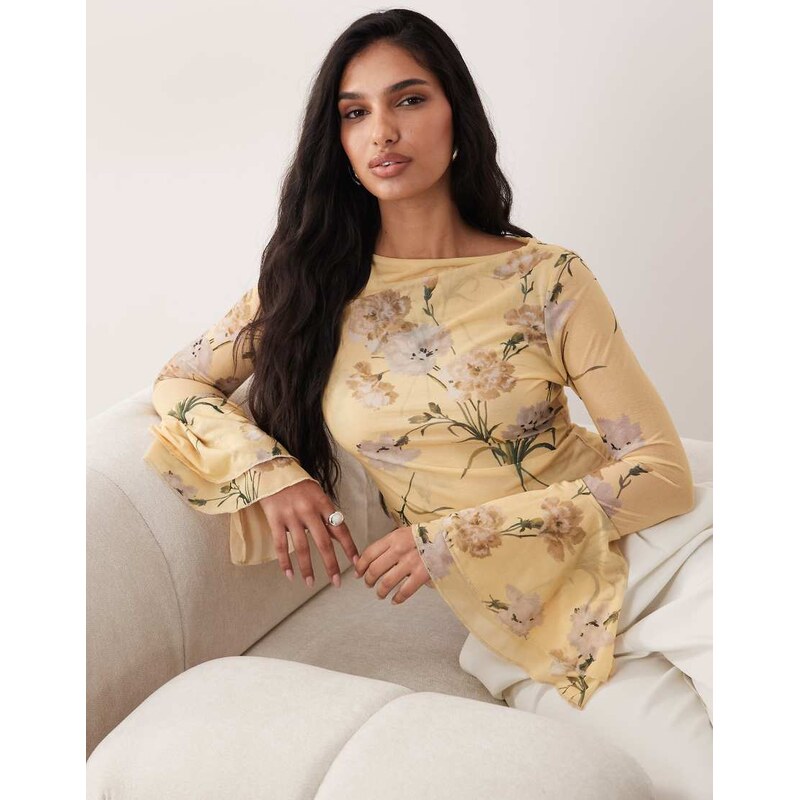 ASOS DESIGN mesh slinky long sleeve top with flare sleeve detail