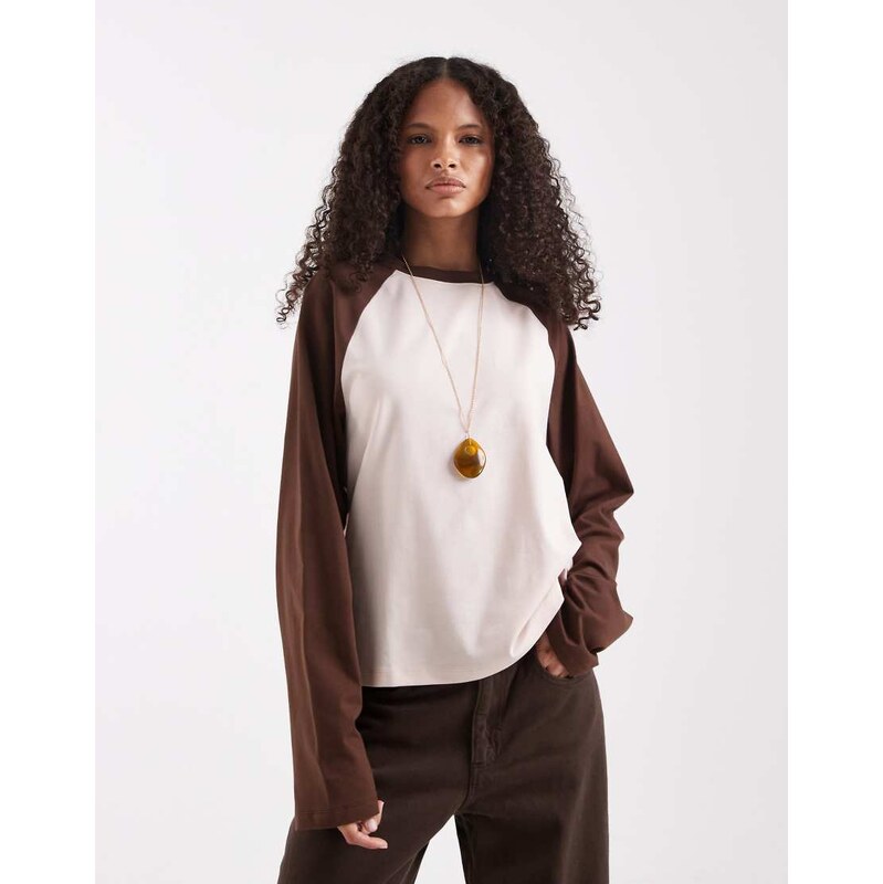 ASOS DESIGN oversized long sleeve raglan top in brown and pink
