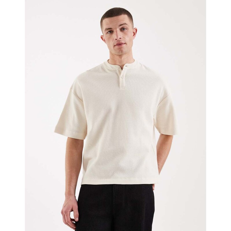 ASOS DESIGN oversized boxy t-shirt with henley neck in cream