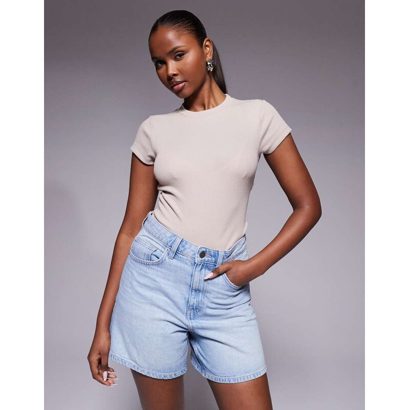 River Island short sleeved ribbed top in light beige-Neutral