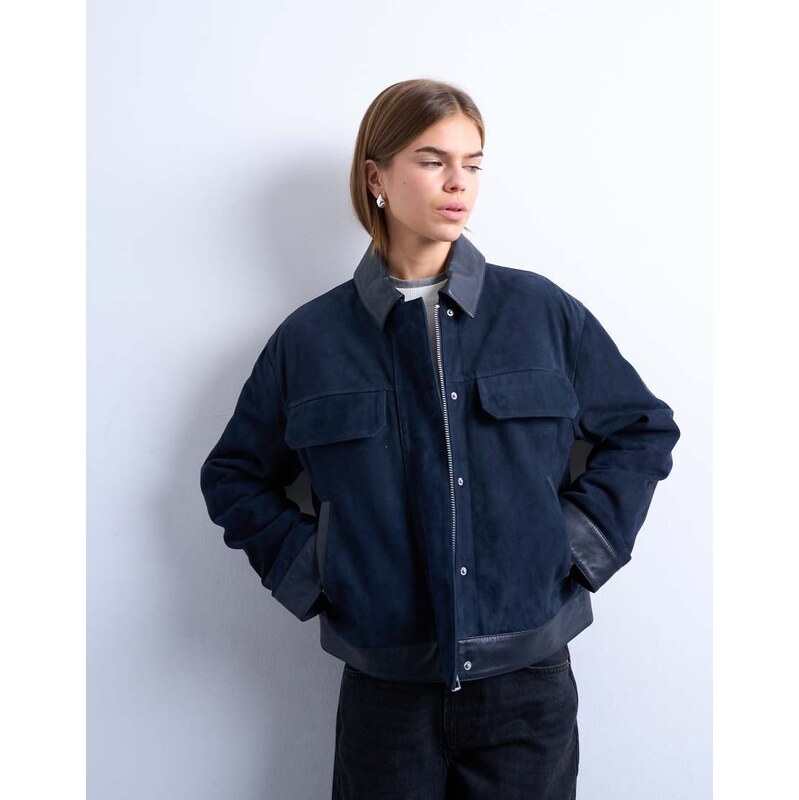 Topshop premium real suede jacket in navy-Blue 114088586