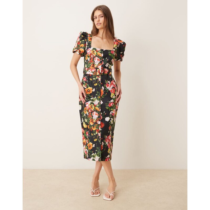 Hope & Ivy stretch square neck belted midi dress in black floral