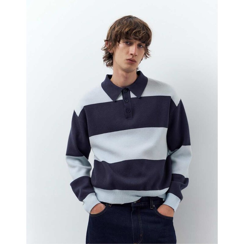 Pull&Bear Long sleeve panelled polo shirt in sky blue